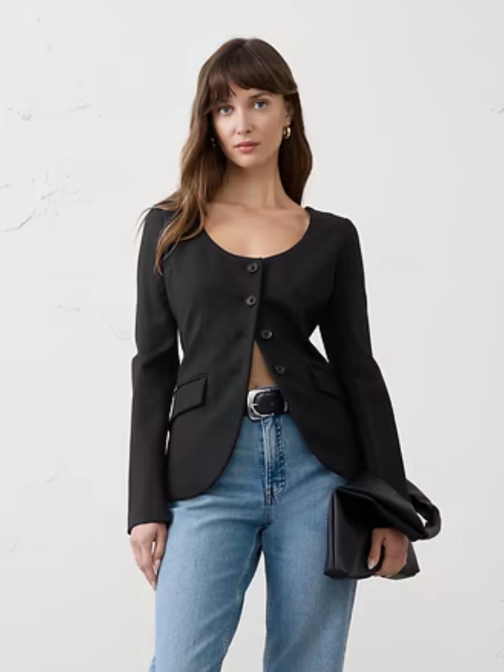 Banana Republic Factory Black Scoop Neck Buttoned Blazer